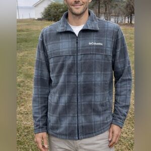 -Columbia Fleece Grey Plaid/Windowpane Jacket Zip Pockets Drawstring Hem Size XL